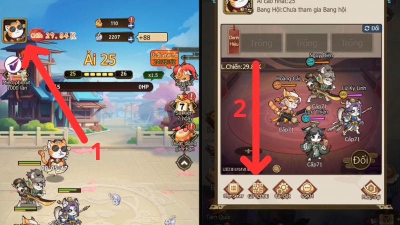 Nhấn vào biểu tượng avatar nhân vật và chọn mục Giftcode