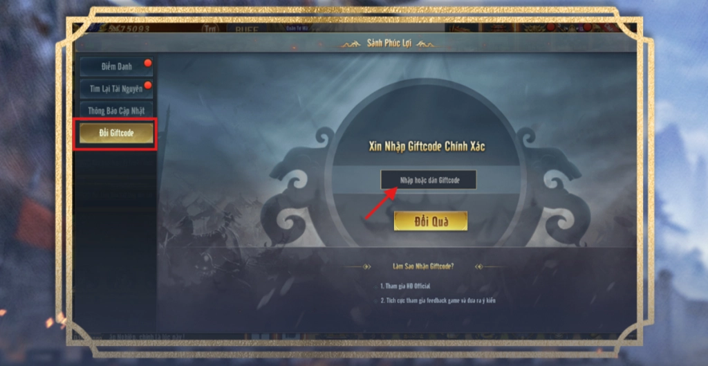 Nhập Code Chiến Loạn Tam Quốc và nhấn Đổi Quà