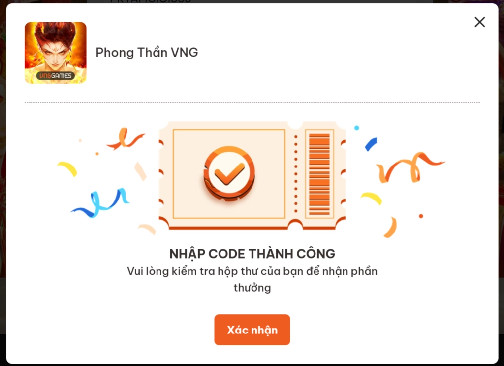 Giao diện nhập mã code Phong Thần VNG thành công