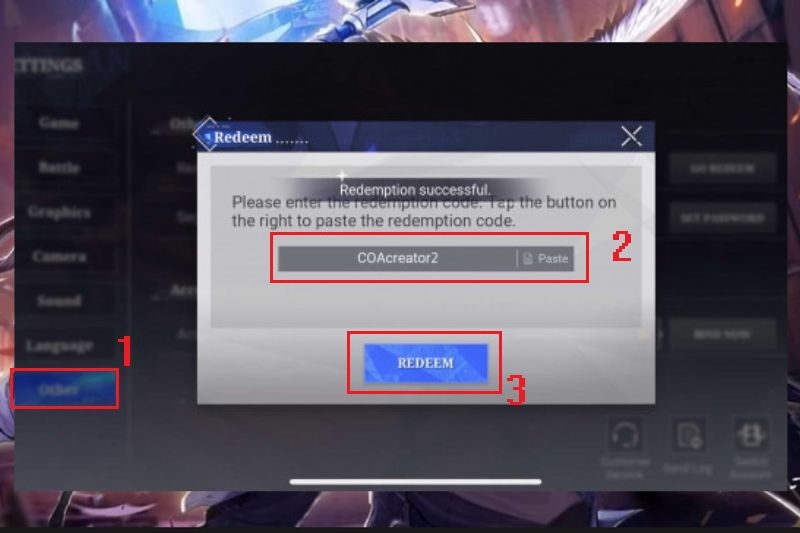 Chọn mục Settings, nhấn chọn Other, nhập code Crystal of Atlan và nhấn Redeem