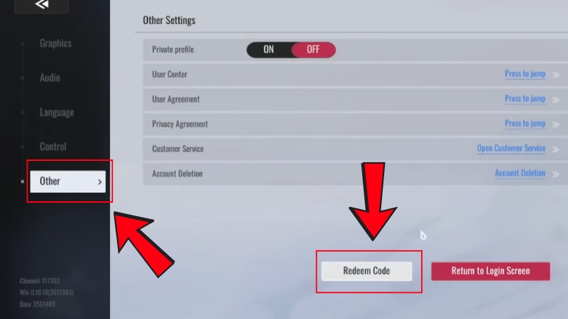 Chọn mục “Other” (Khác), sau đó nhấn vào “Redeem Code”