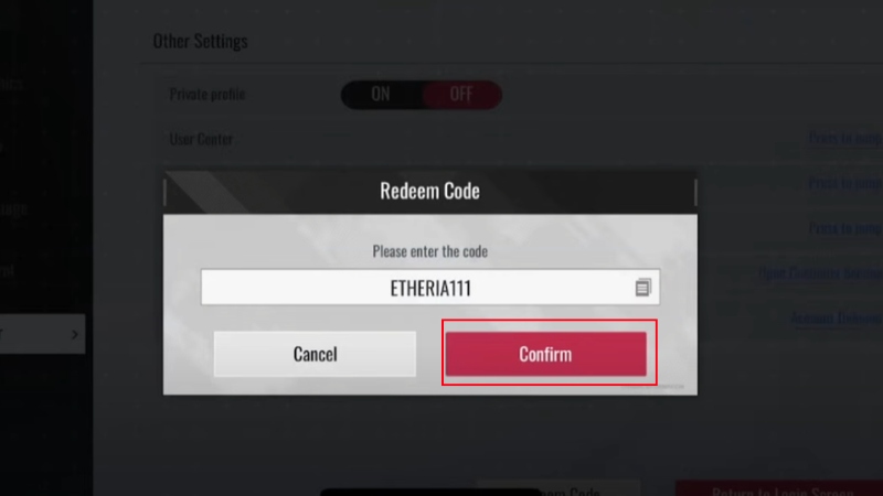 Nhập code Etheria: Restart và nhấn Confirm