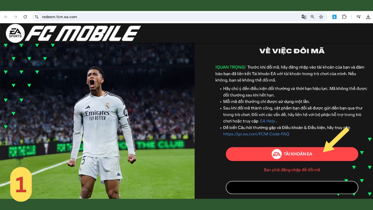 Truy cập trang đổi code FC Mobile VN và đăng nhập tài khoản