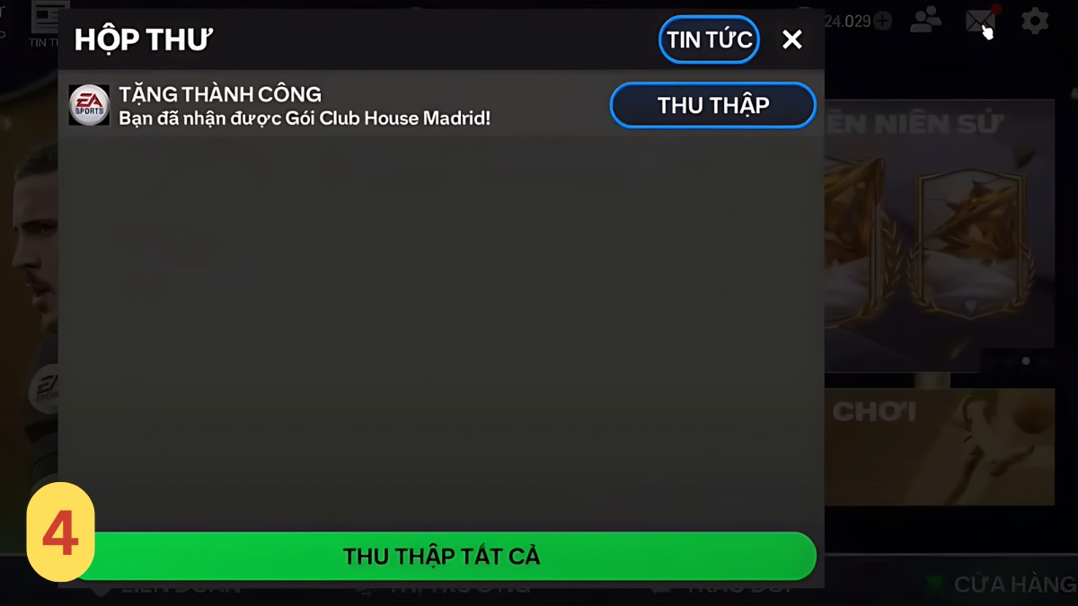 Vào mục Thư trong game để nhận quà từ code FC Mobile VN vừa nhập