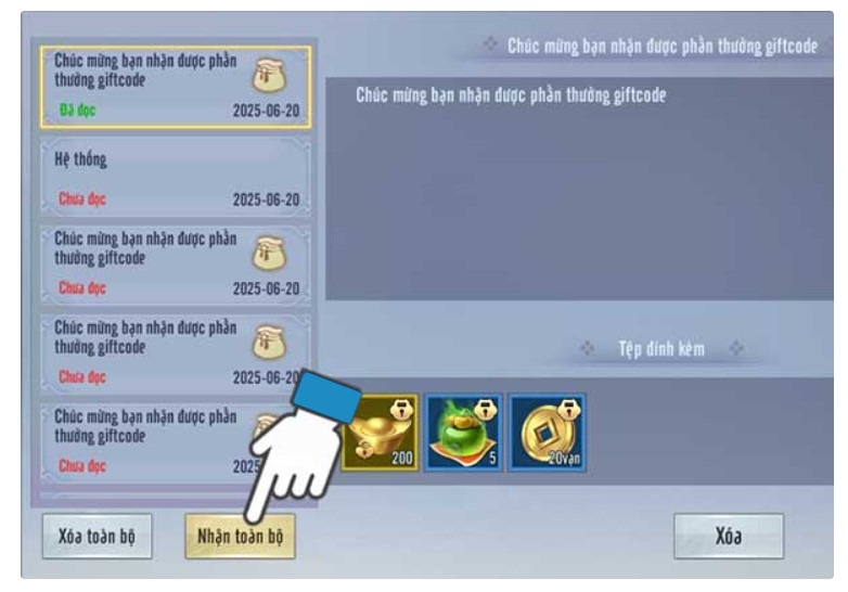 Nhấn “Nhận toàn bộ” để nhận tất cả các vật phẩm được nhận từ việc đổi code