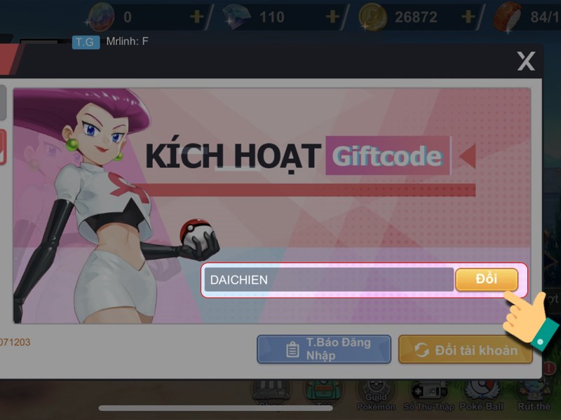Nhập code Pocket Mega vào ô trống và nhấn Đổi