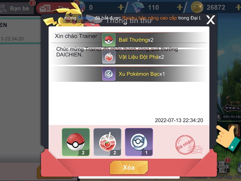 Chọn thông báo quà và nhấn “Nhận”