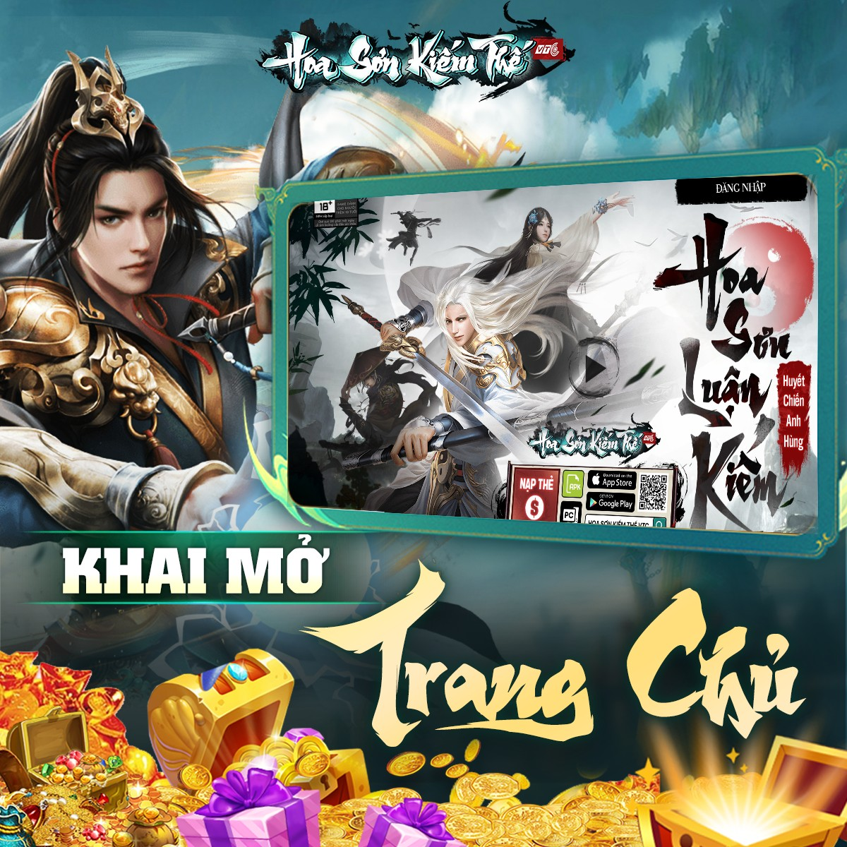 Poster quảng cáo game Hoa Sơn Kiếm Thế, với hình ảnh một nhân vật nam kiếm hiệp