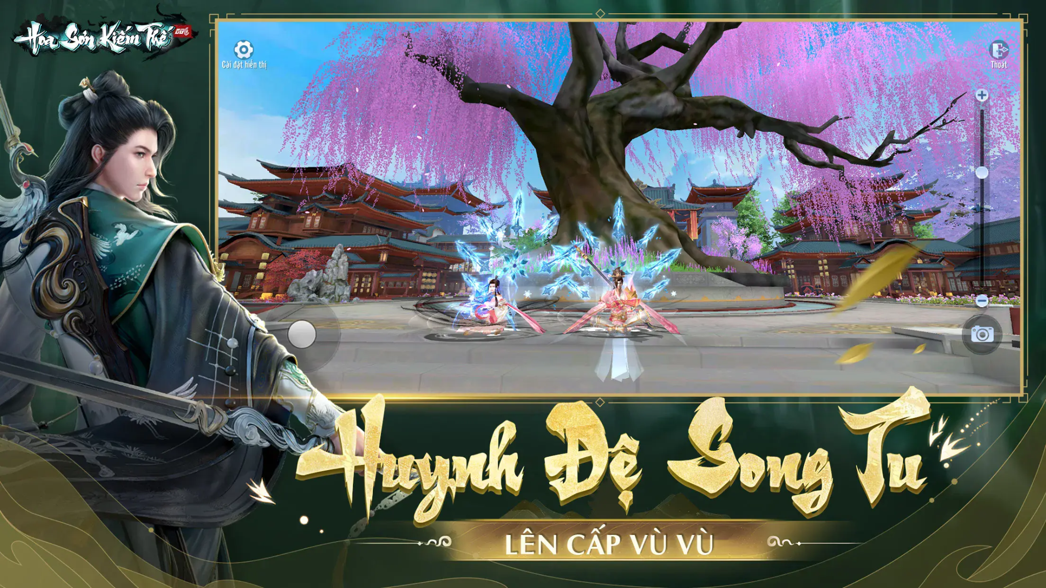 Nhân vật nam cổ trang trong game "Hoa Sơn Kiếm Thế" đang chiến đấu dưới gốc cây hoa anh đào