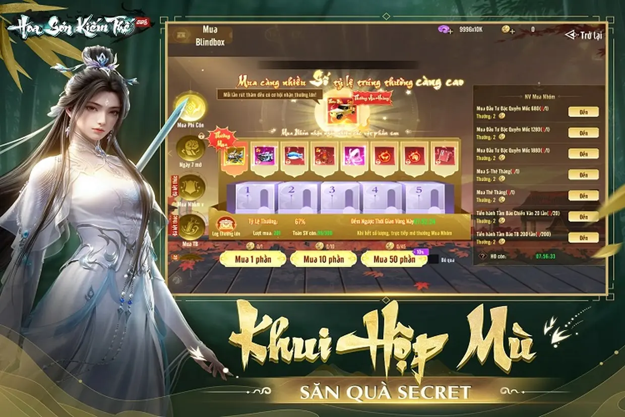 Nhân vật nữ cổ trang trong game "Hoa Sơn Kiếm Thế" và màn hình sự kiện "Khui Hộp Mù"