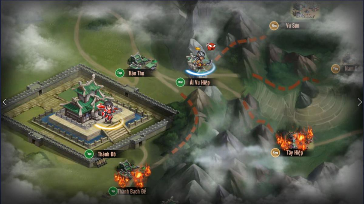 Game Tam Quốc Chí Dị Thế, hiển thị thành trì Thành Đô và các điểm chiến đấu như Hán Thọ, Tây Hiệp