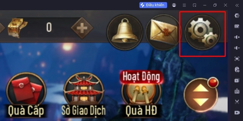Bước 1: Khởi chạy game Tam Quốc Legend VTC. Tại giao diện chính, bạn nhấn vào biểu tượng bánh răng nằm ở góc phải phía trên màn hình.