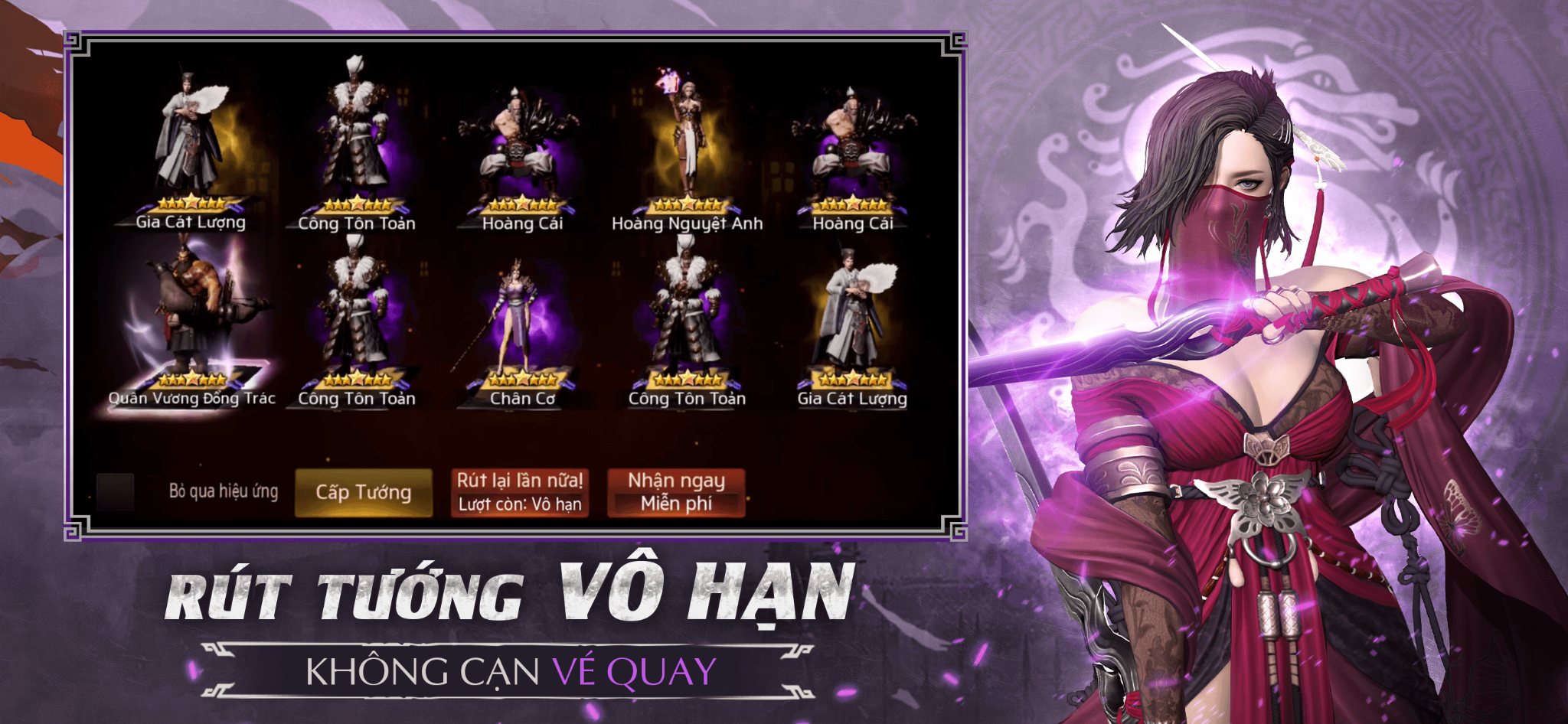 Game với tính năng RÚT TƯỚNG VÔ HẠN hiển thị danh sách các thẻ bài tướng