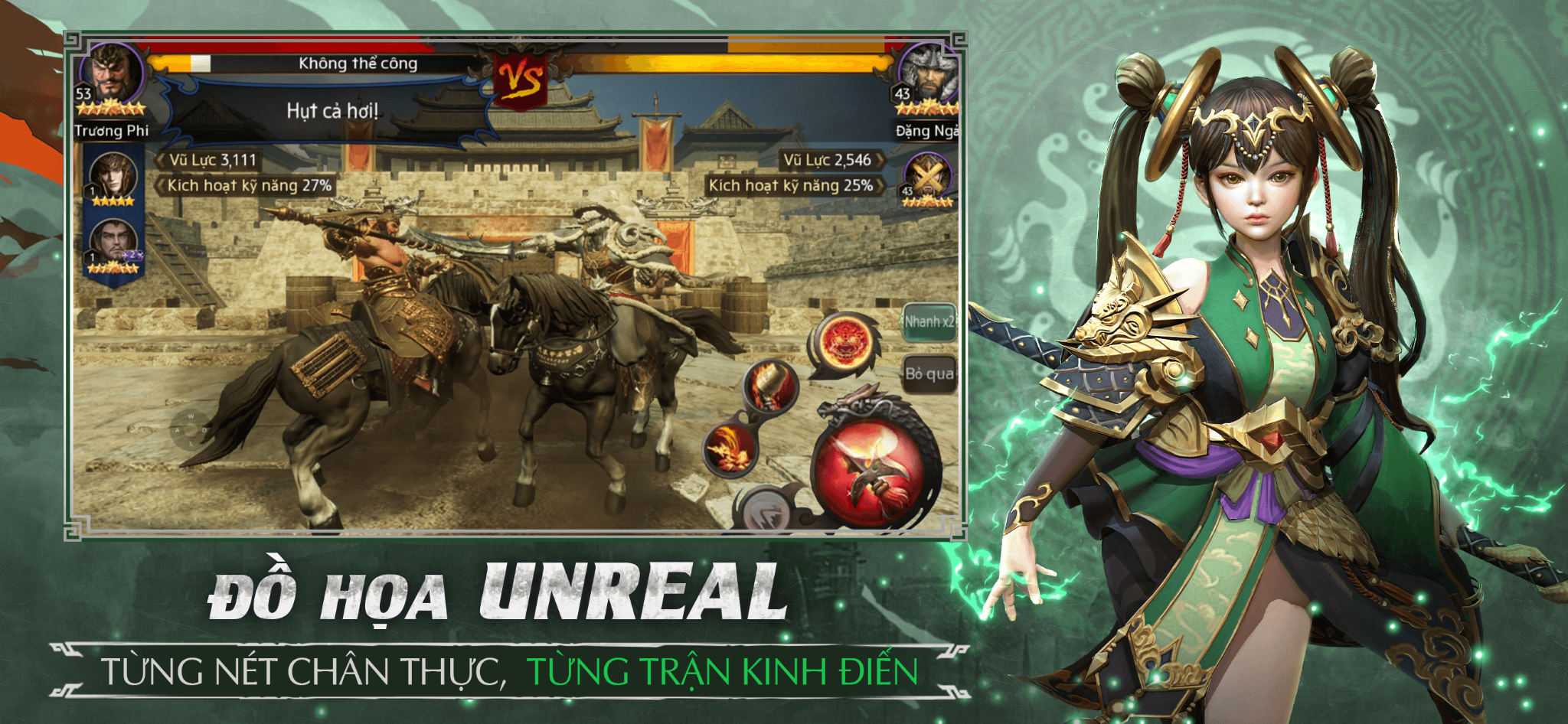Game Tam Quốc với đồ họa Unreal, hiển thị trận chiến cưỡi ngựa giữa Trương Phi và Đặng Ngãi