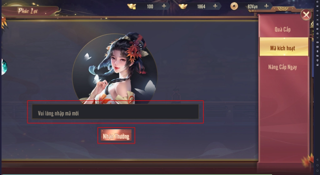 Bước 3: Nhập giftcode Chiến Đế Mobile vào ô trống, sau đó bấm Nhận Thưởng. Khi nhận thành công