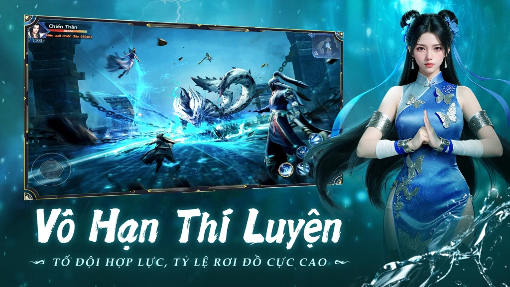 Cảnh chiến đấu trong game Chiến Đế Mobile với cô gái mặc áo sườn xám màu xanh