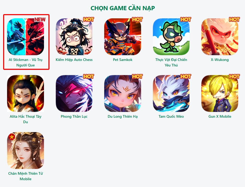 Bước 2: Sau khi đăng nhập vào trang nạp SohaGame, chọn AI Stickman - Vũ Trụ Người Que