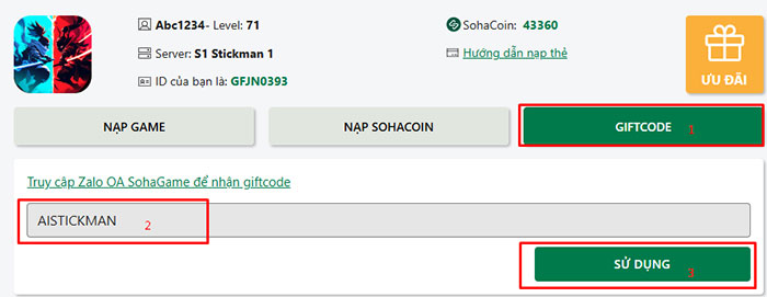 Bước 4: Vào mục Giftcode, nhập chính xác hoặc dán mã code AI Stickman từ danh sách ở trên và nhấn Sử dụng.