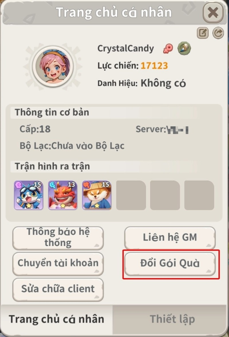 Bước 2 nhấn vào mục Đổi gói quà để nhập code và nhận phần thưởng