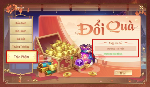 Bước 2: Chọn Trân Phẩm trong menu Phúc Lợi. Tại đây, bạn có thể nhập giftcode và nhận ngay các vật phẩm giá trị đi kèm.