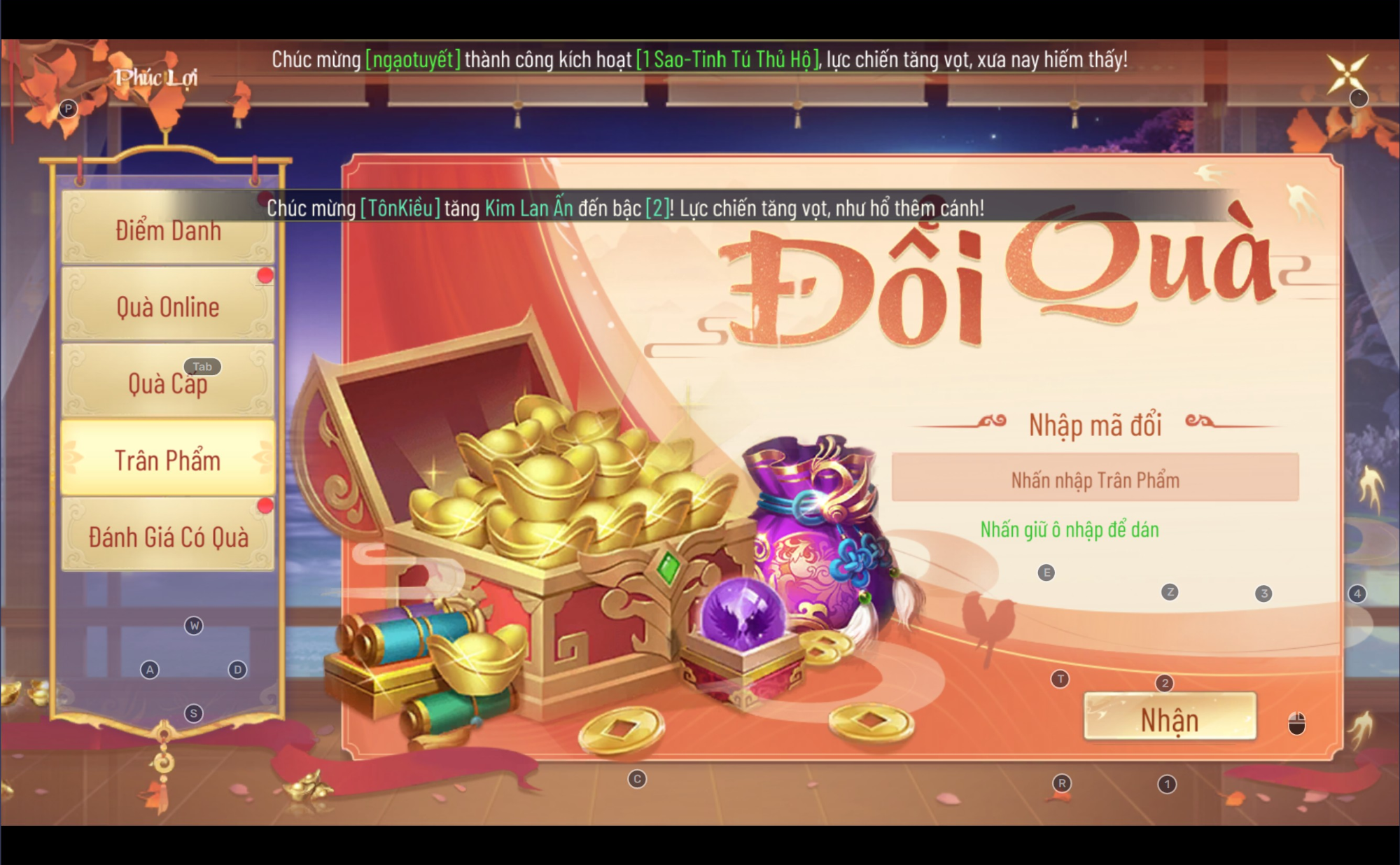 Bước 3: Nhập giftcode Chiến Hỏa Tam Giới vào ô trống và bấm Nhận.