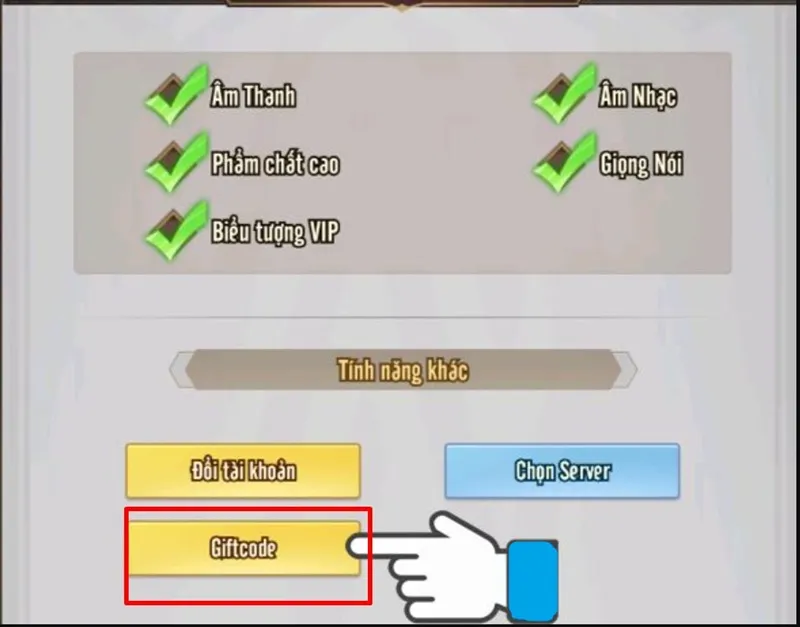 Trong danh sách chức năng, hãy tìm và nhấn vào Giftcode. Đây là nơi bạn sẽ nhập mã code Hào Khí Chiến Hồn để đổi quà.