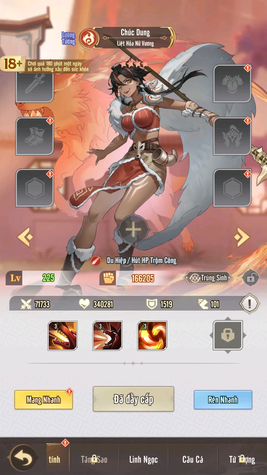 Các chỉ số và trang bị nhân vật Chúc Dung trong game Hào Khí Chiến Hồn