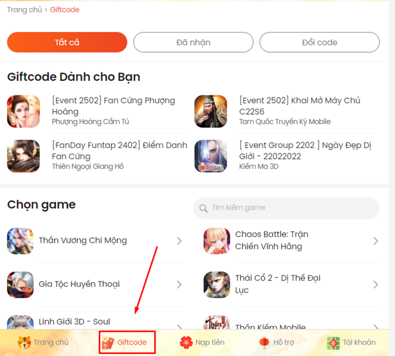 Bước 2: Bạn tìm và nhấn vào mục Giftcode hoặc Đổi code trên thanh menu của PlayFun