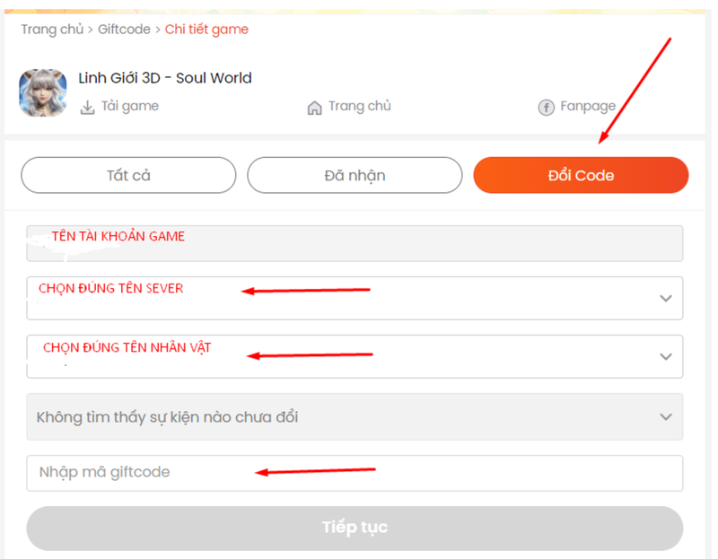 Bước 4: Nhập code Tân Nhất Kiếm Giang Hồ vào ô trống và nhấn Tiếp tục