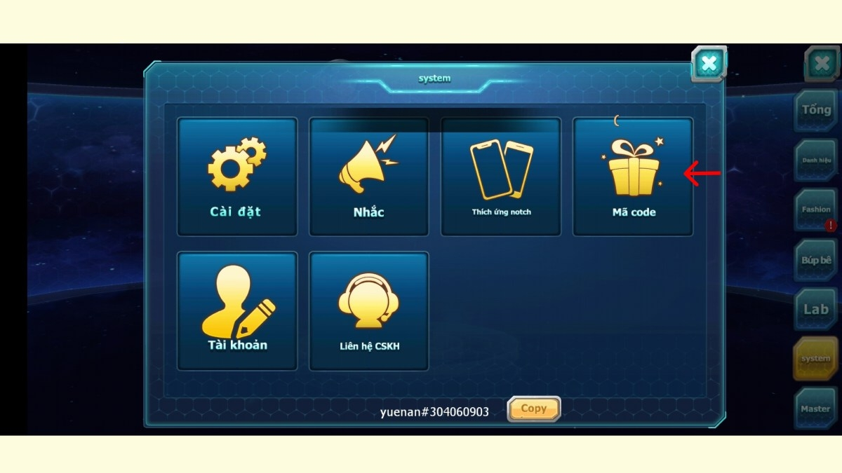 Bấm vào mục Mã code để mở ô nhập giftcode