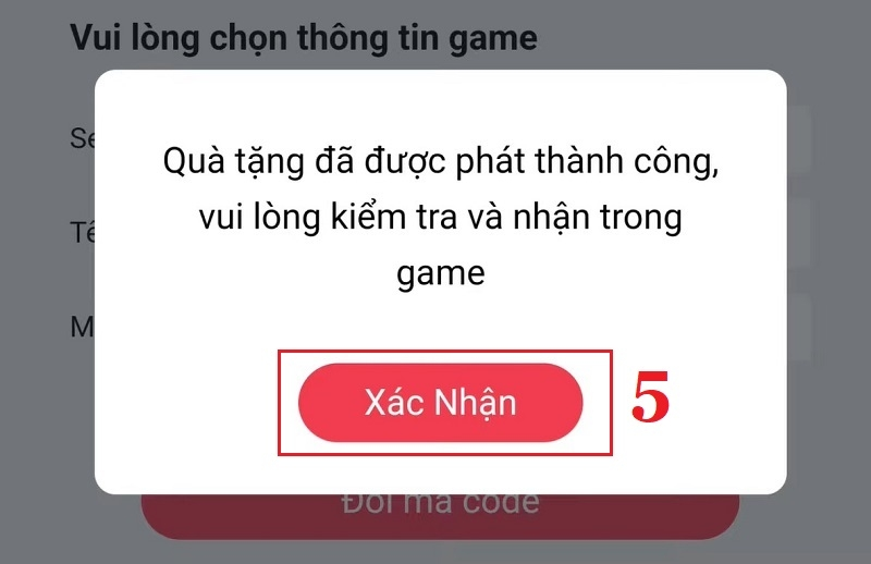 Bấm Xác nhận nhập code và kiểm tra Hòm thư trong game