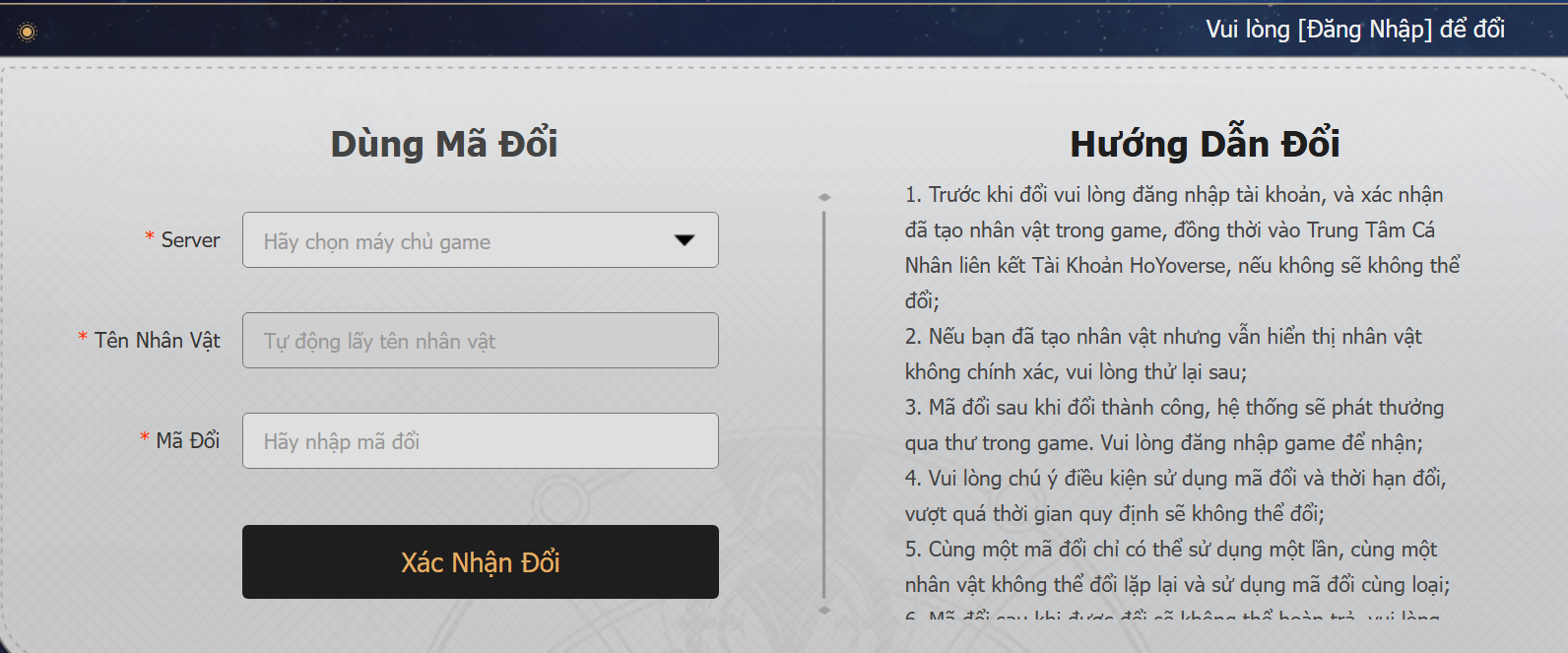 Chọn đúng server và nhân vật, nhập code và nhấn Xác Nhận Đổi