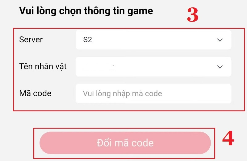 Chọn máy chủ và nhân vật đang sử dụng, nhập mã code sau đó bấm Đổi mã code