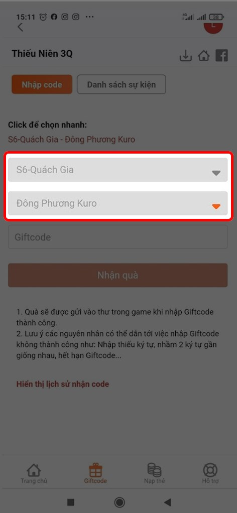 Chọn máy chủ và nhân vật trong game