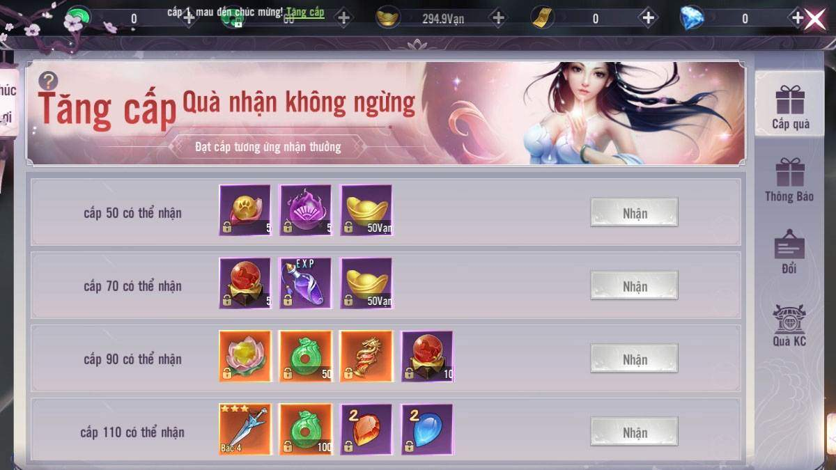 Chọn mục Đổi nếu nhập các mã quà thông thường, chọn Quà KC cho kim cương