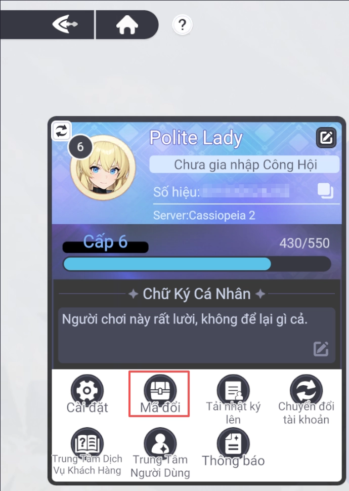 Chọn mục Mã Đổi để mở giao diện nhập code