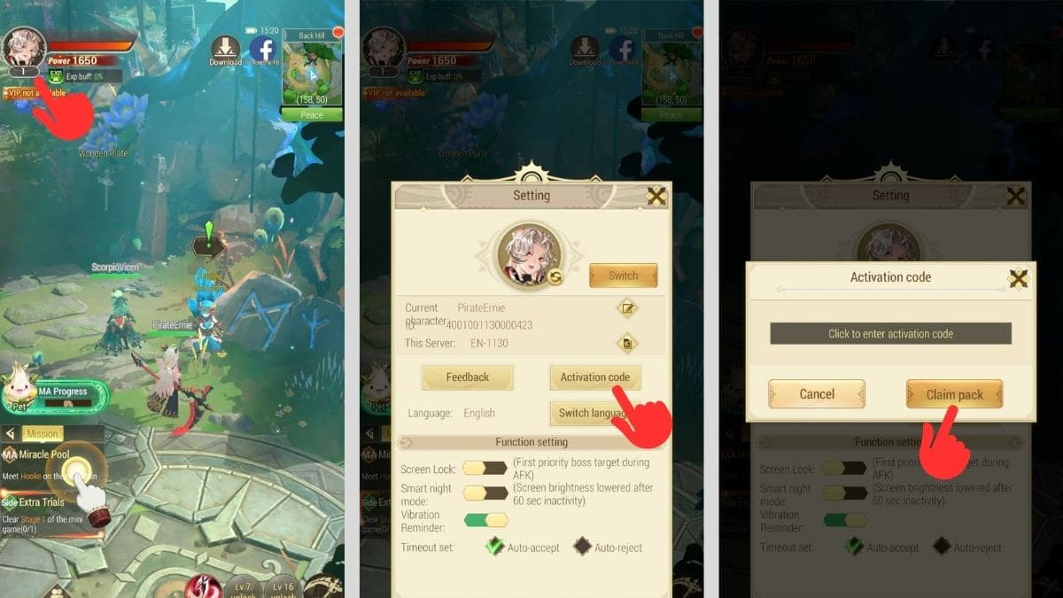 Chọn biểu tượng Avatar, Chọn mục Mã kích hoạt, Nhập code Dragon Hunter rồi nhấn Nhận quà