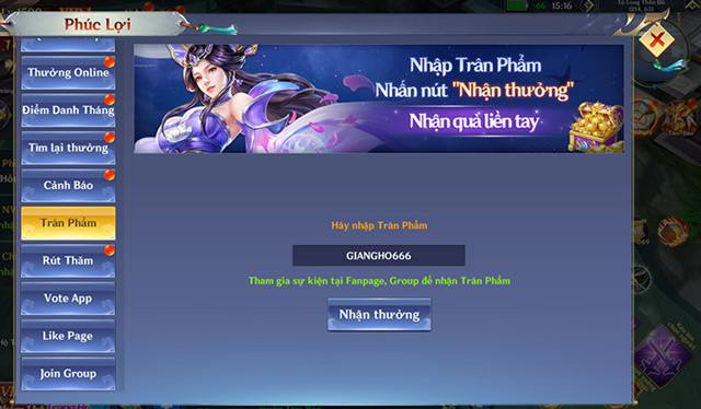 Chọn mục Trân Phẩm, nhập chính xác giftcode Giang Hồ: Bát Phái Phân Tranh và nhấn Nhận thưởng