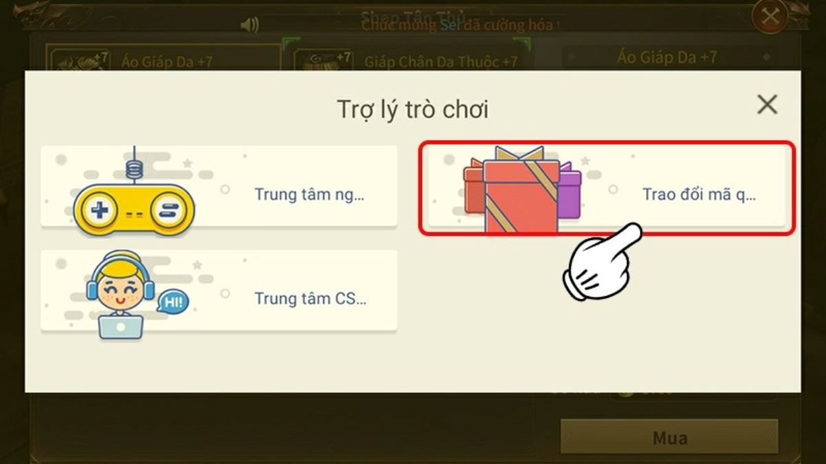 Chọn mục Trao đổi mã quà trong danh sách hiển thị