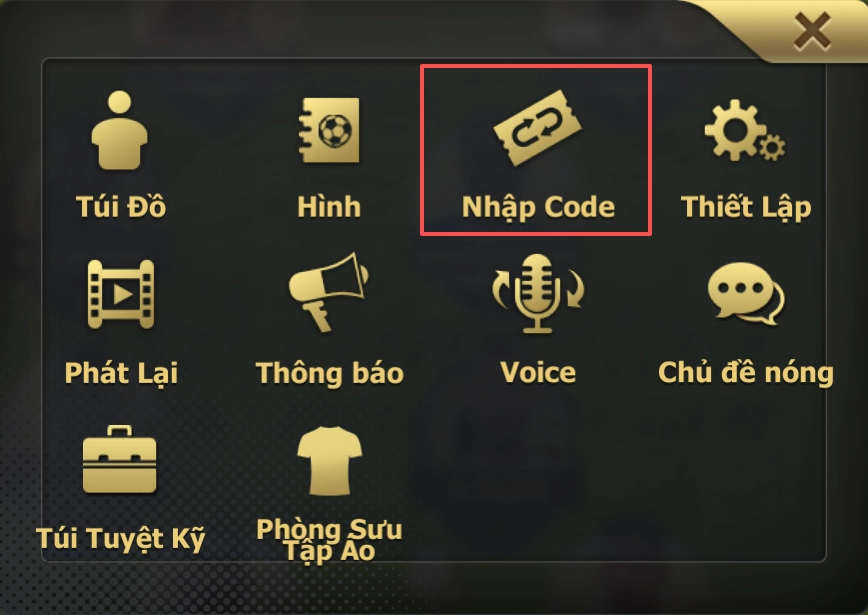 Chọn vào mục Nhập Code để mở khung nhập giftcode