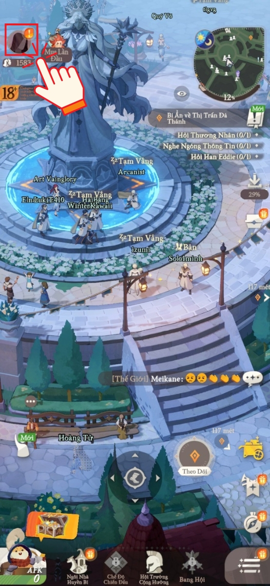 Bước 1 mở game Hành Trình AFK trên điện thoại, sau đó chạm vào ảnh đại diện nhân vật ở góc trên bên trái màn hình
