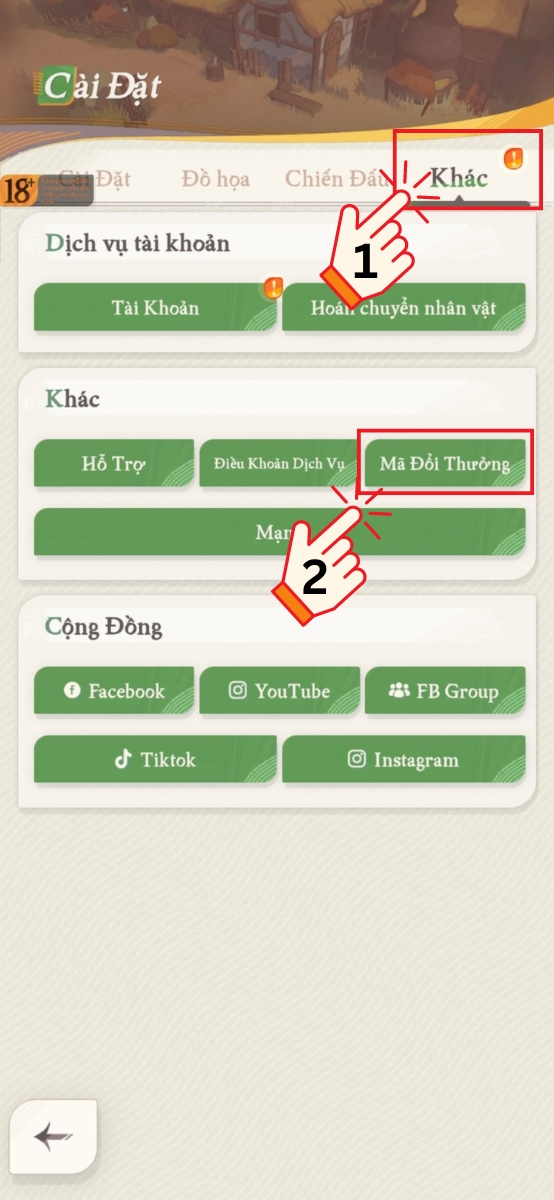 Bước 3 chọn mục “Khác”, sau đó nhấn vào “Mã đổi thưởng”