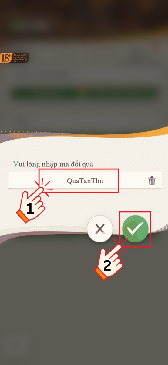 Bước 4 nhập mã code, rồi nhấn dấu tích xanh để xác nhận và nhận quà