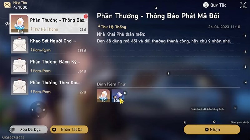 Sau đó chọn mục Thư (Mail) để nhận phần thưởng