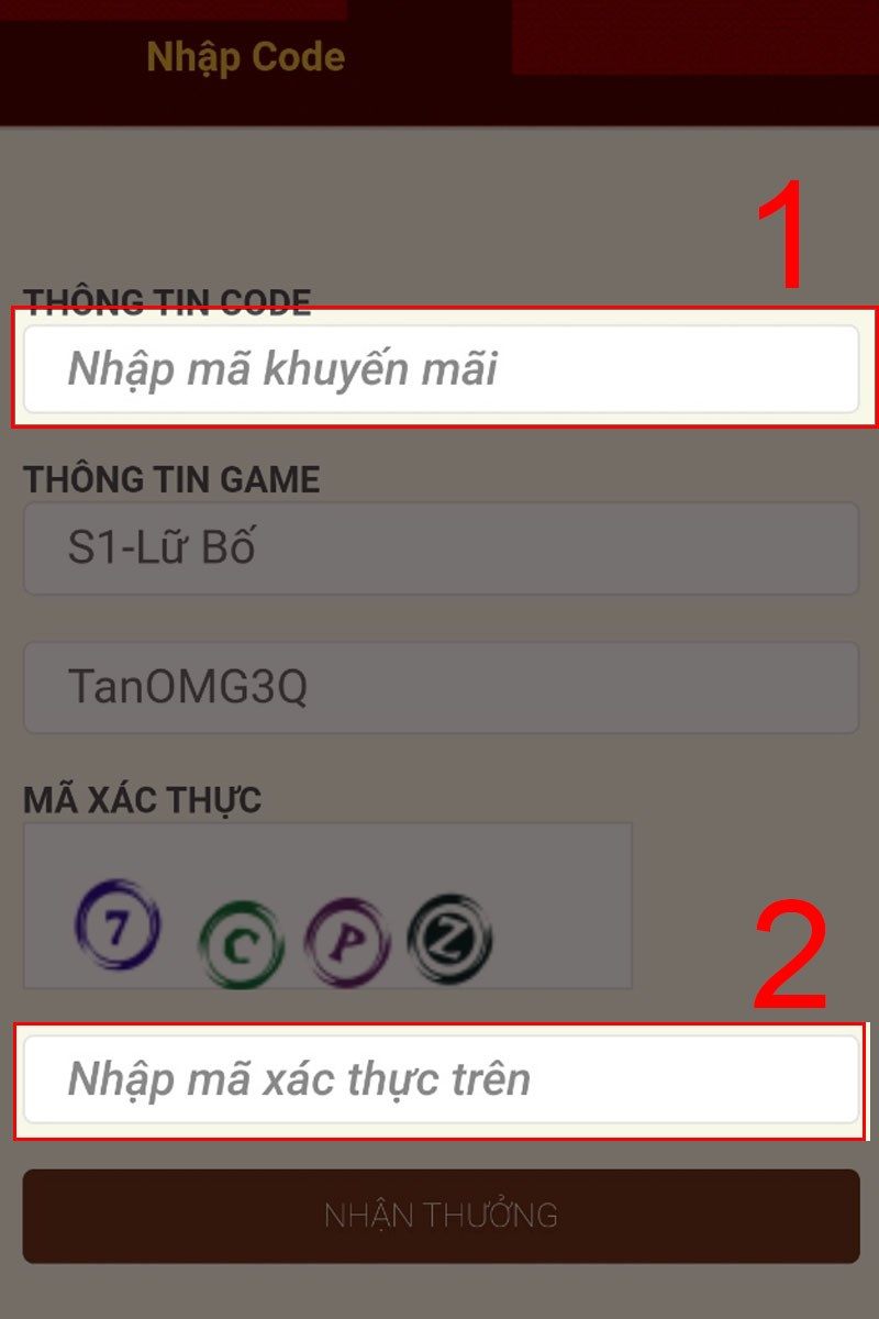 Bước 3: hãy điền giftcode cùng mã xác thực vào các ô tương ứng bên dưới để hoàn tất bước này
