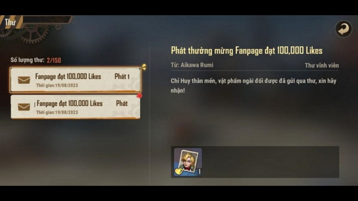 Đăng nhập lại vào game và kiểm tra Hòm Thư để nhận phần thưởng