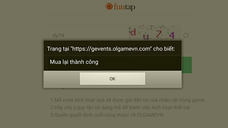 Hệ thống sẽ thông báo khi nhập code thành công