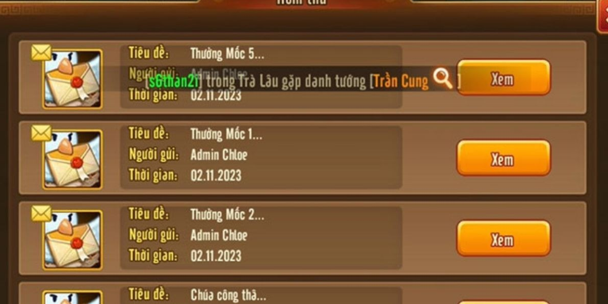 Mở mục Hòm Thư trong giao diện chính của game và bấm nhận các phần quà