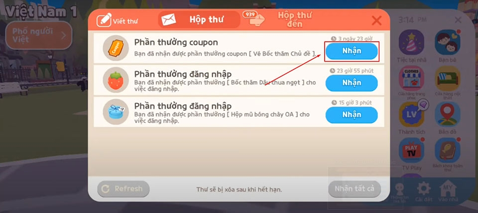 Mở thư và nhấn Nhận để nhận phần thưởng