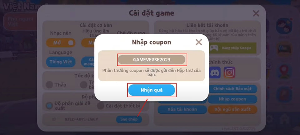 Nhập chính xác code Play Together VNG vào ô trống, sau đó nhấn nút Nhận quà